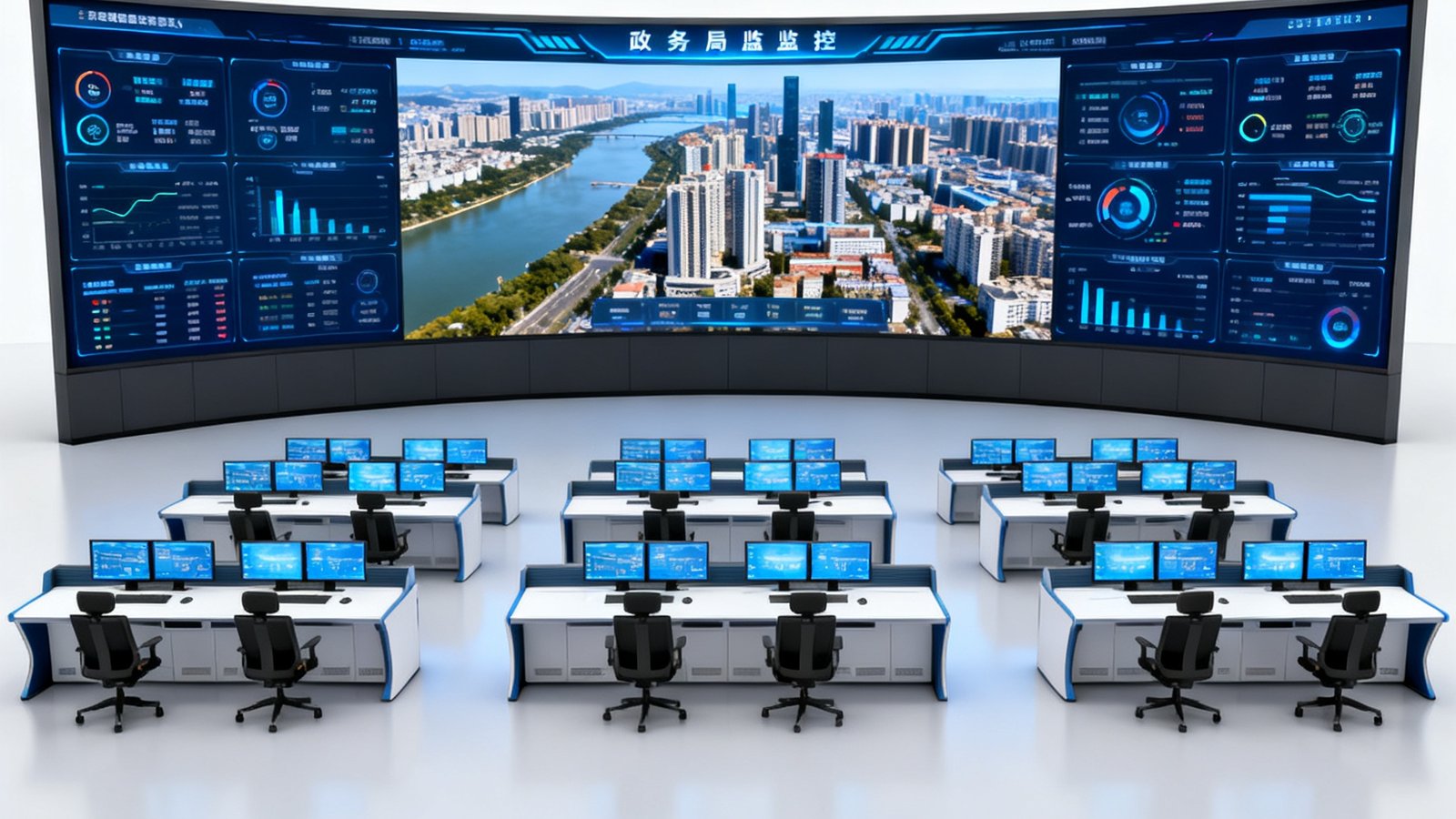 某省级政务全控中心内，一面宽18米高4.5米的P1.25小间距LED显示墙正在实时展示城市运行数据，弧形拼接屏前方设有三排共18个坐席工位，每个工位配备双屏工作站和分布式KVM切换器。