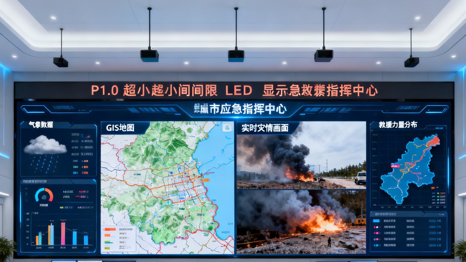 某市应急指挥中心大厅，中央主屏为P1.0超小间距LED显示墙显示GIS地图和实时灾情画面，两侧辅助屏分别展示气象数据和救援力量分布，大厅顶部悬挂阵列式拾音麦克风。