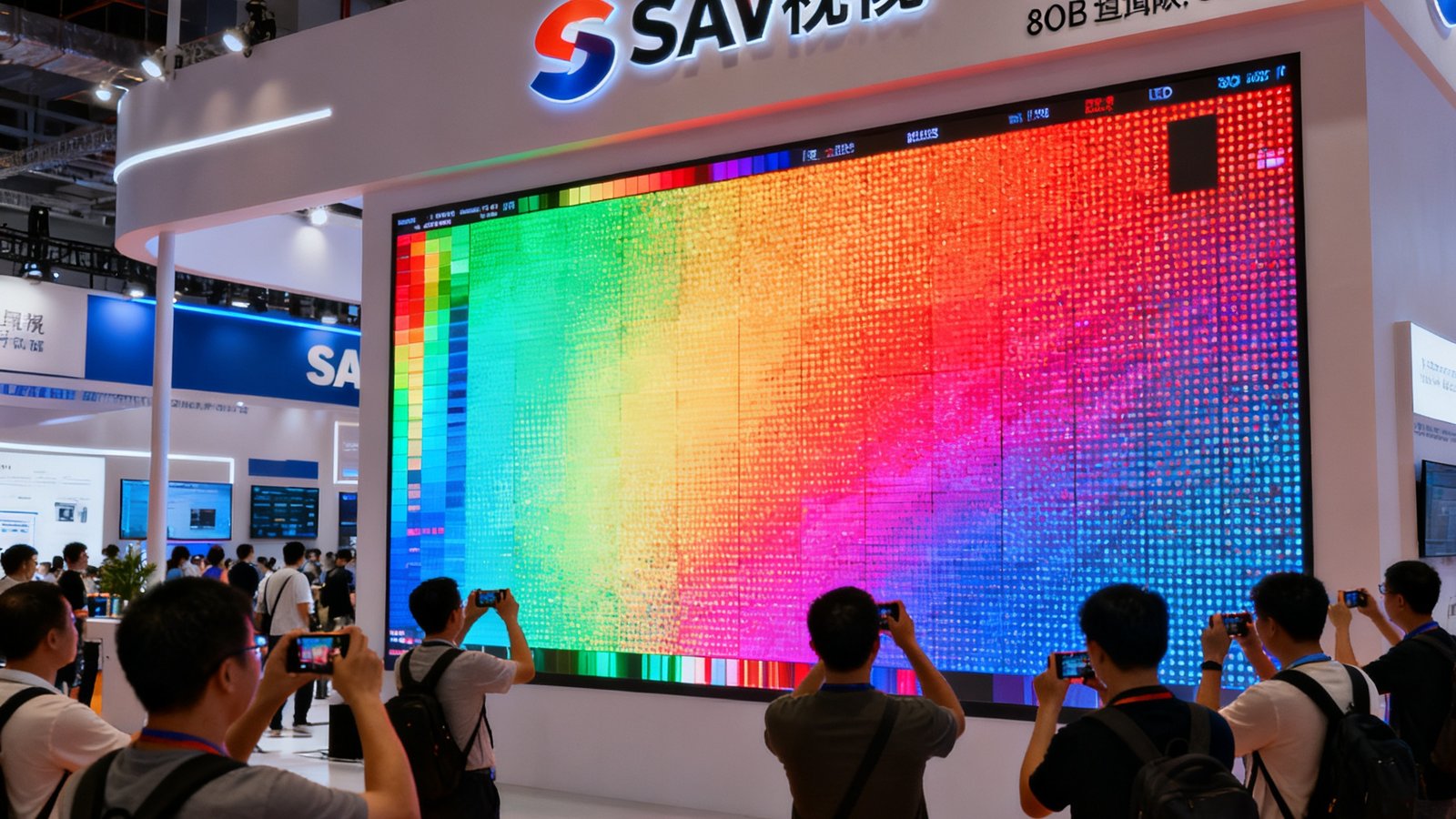 SA视讯平台在2025年深圳国际LED展的展台现场，展示最新一代COB封装P0.9超小间距LED显示屏，观众围绕展台拍摄，屏幕播放着色彩鲜艳的8K测试画面。