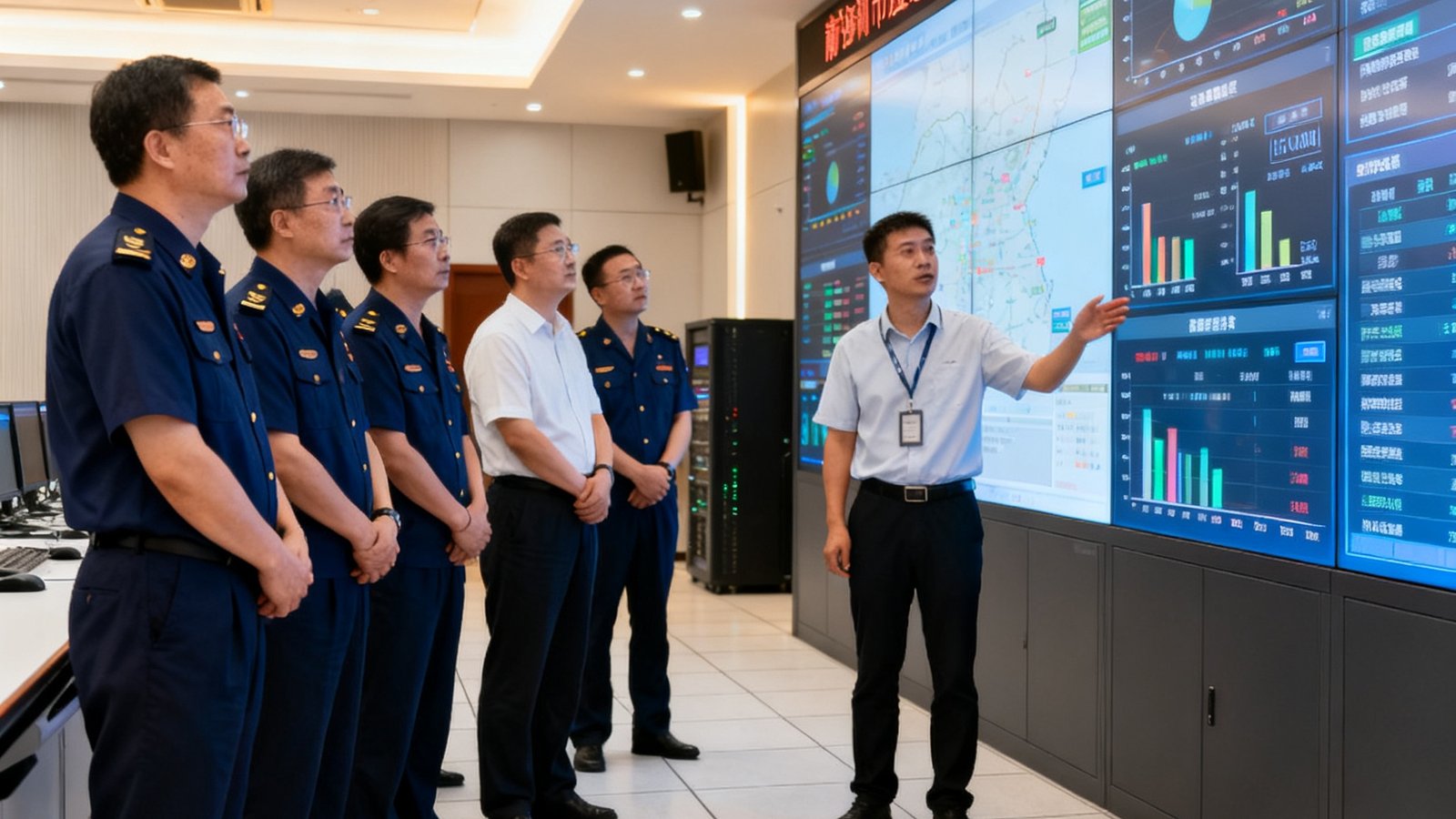 某市级应急指挥中心项目验收现场，多位身穿制服的政府工作人员在LED显示墙前查看实时数据，SA视讯平台工程师正在讲解系统操作流程。