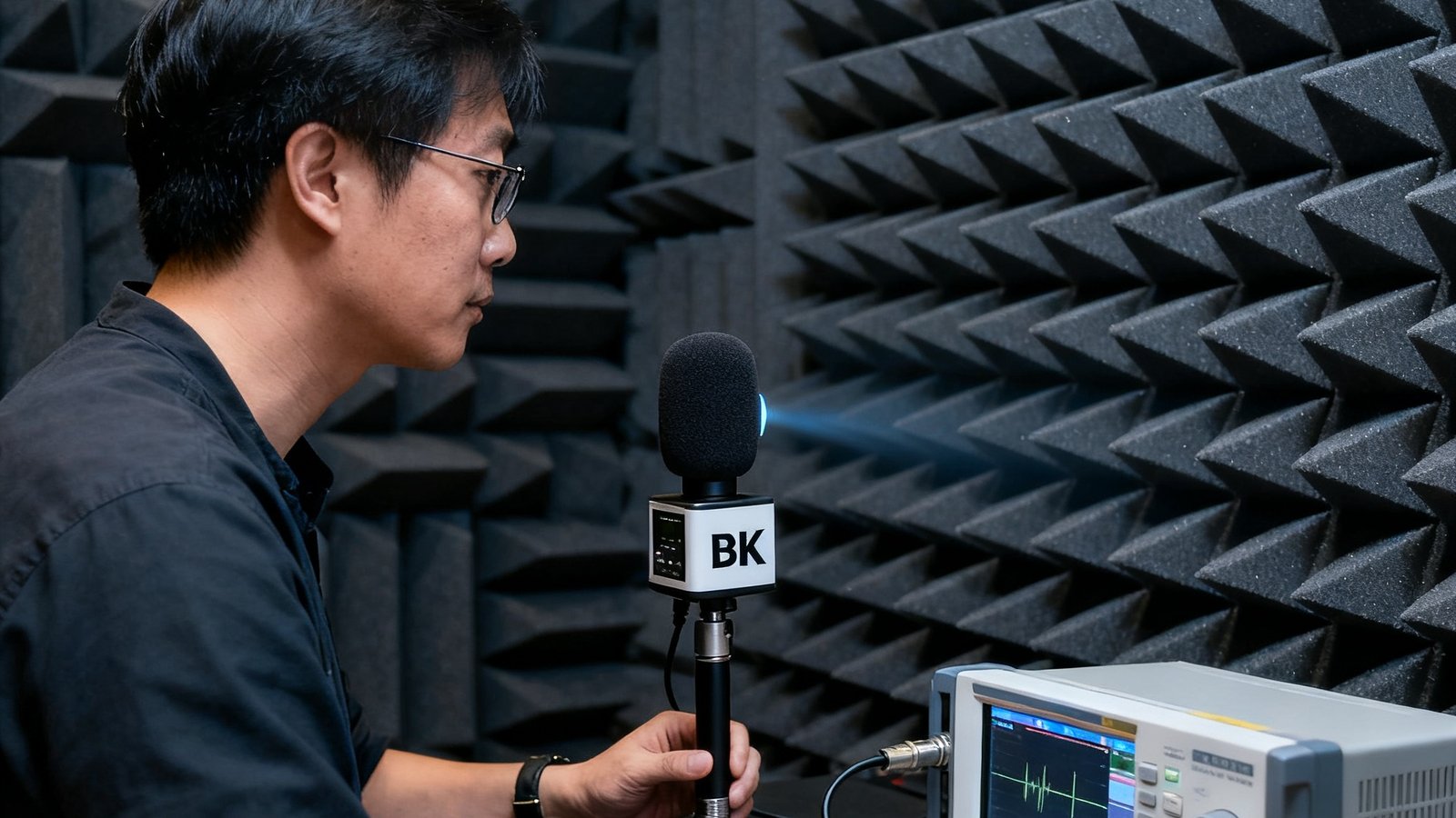 音频系统总监陈雅文在消声室内使用精密声学测量仪器调试线阵列音箱的指向性，室内墙壁覆盖深灰色吸音尖劈，面前摆放着B&K测量麦克风和专业音频分析仪。